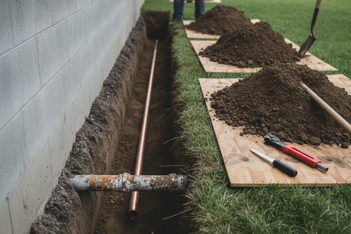 Excavated water line trench during Water Heater Repair in Carnegie